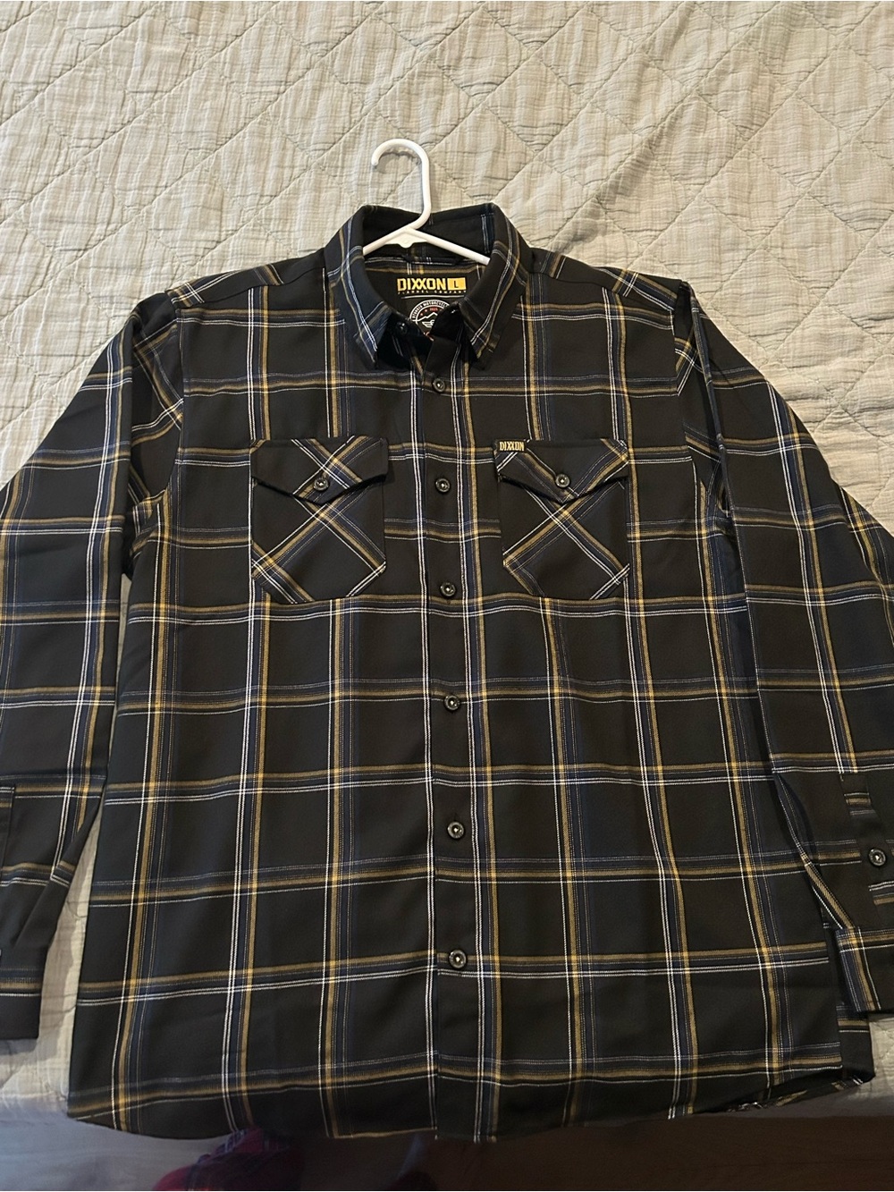 DIXXON Large the 85 Black Plaid Button-Down Shirt with Gold and Blue Stripes